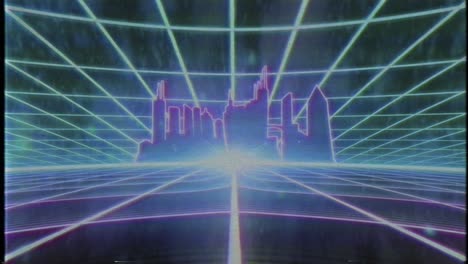 Retro-80er-VHS-Kassette-Videospiel-Intro-Landschaft-Vektor-Arcade-Wireframe-Stadt-4k